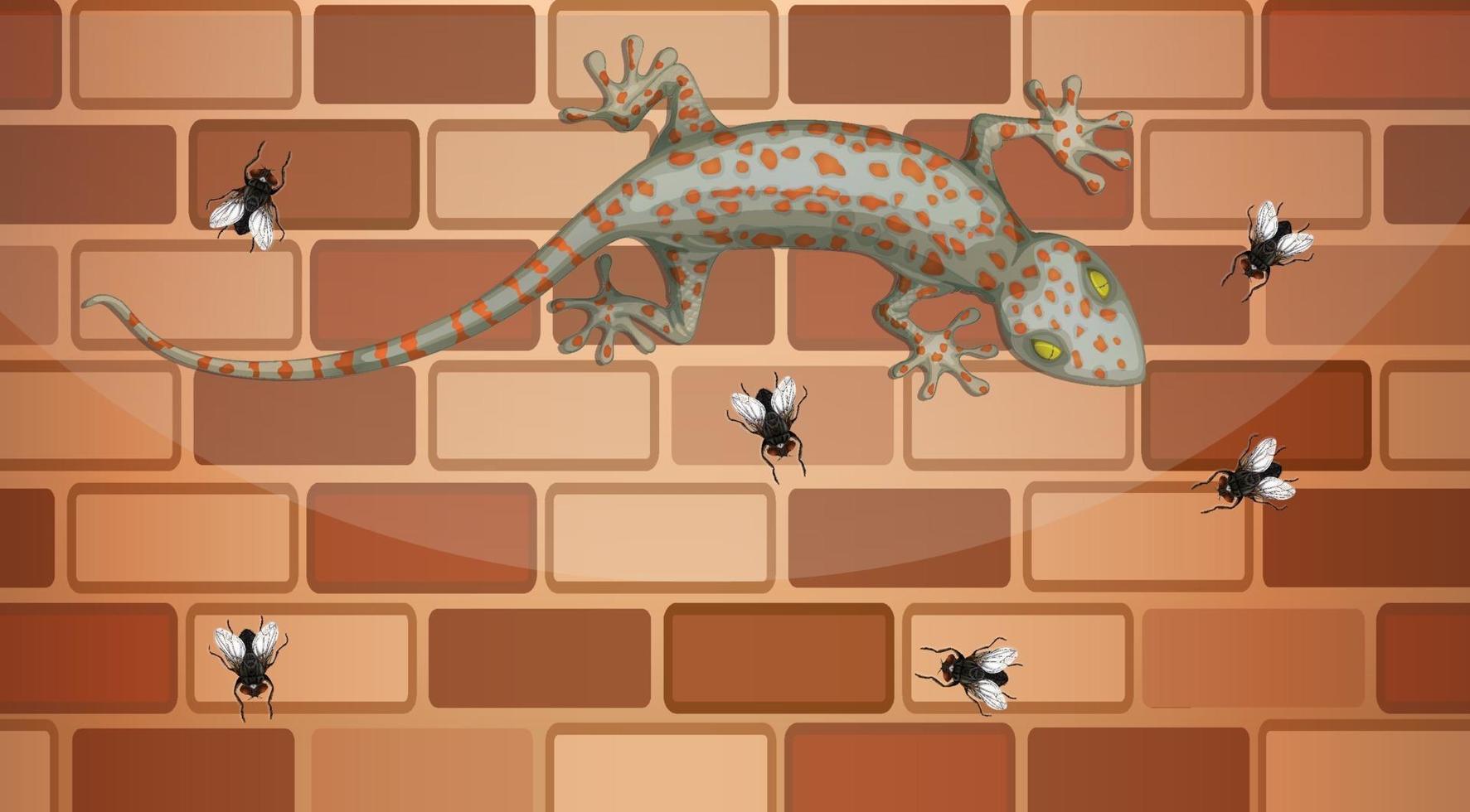 Gecko en pared de ladrillo con muchas moscas en estilo de dibujos animados vector