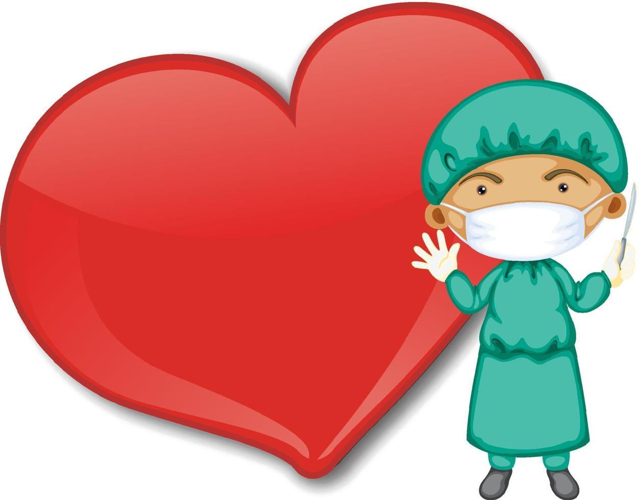 Empty big heart banner with a doctor wearing mask cartoon character vector