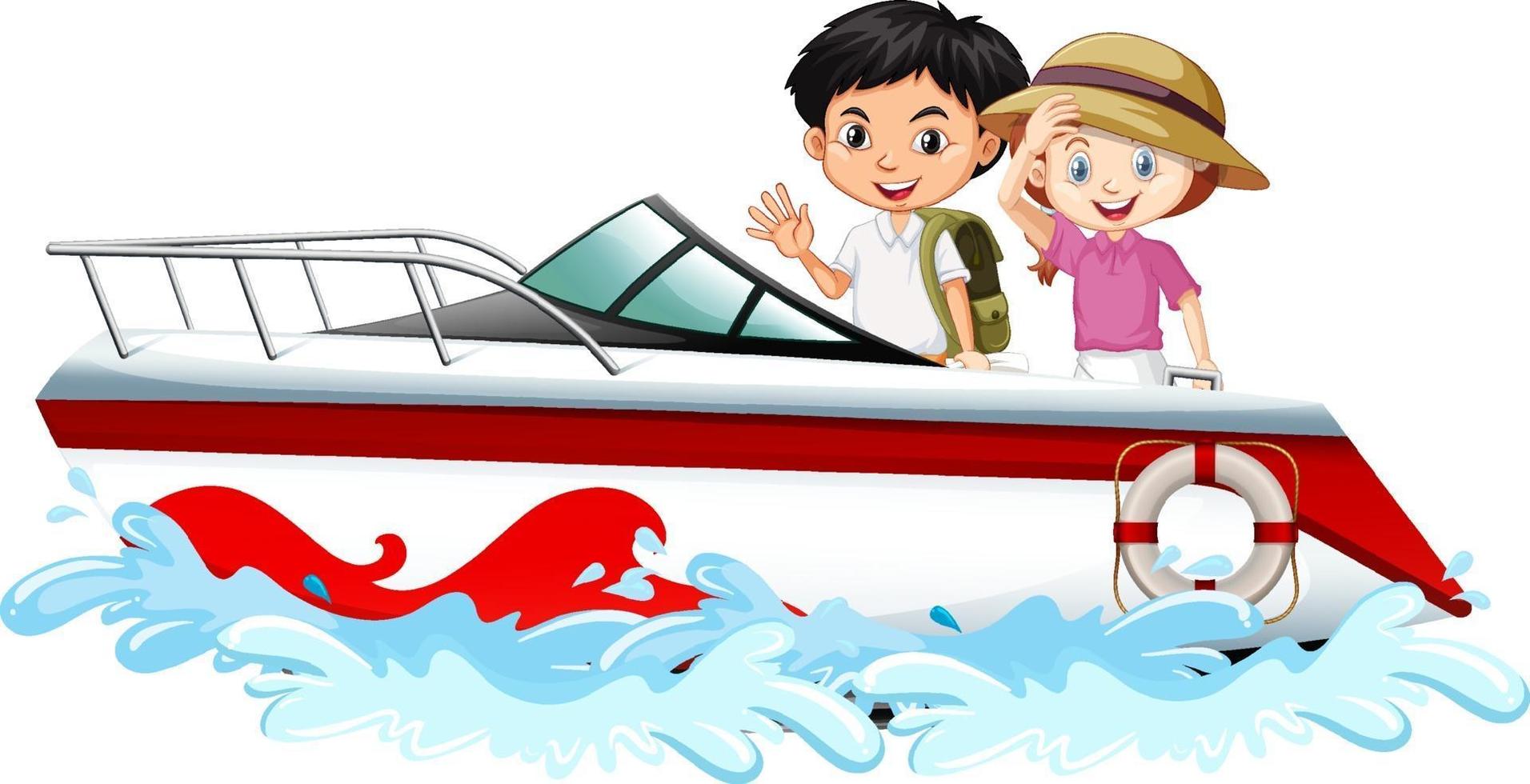 Children standing on a speed boat on white background vector