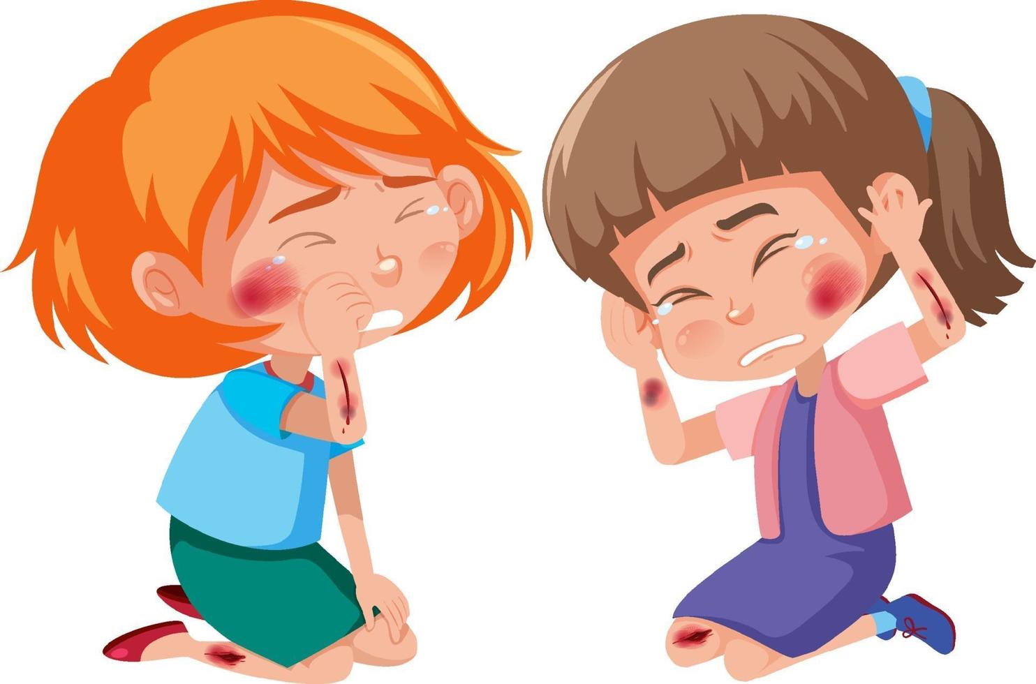 Young girls injured at cheek and arm cartoon character on white background vector