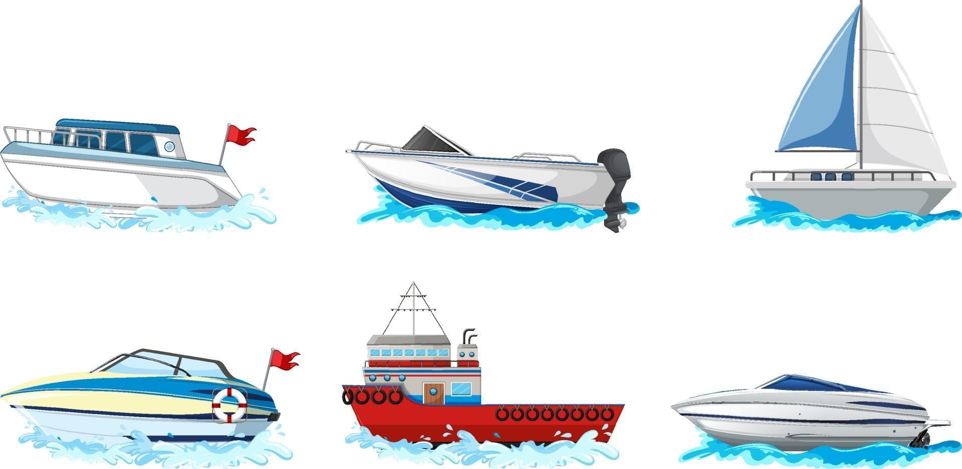 Conjunto de diferentes tipos de barcos y barcos aislado sobre fondo blanco. vector