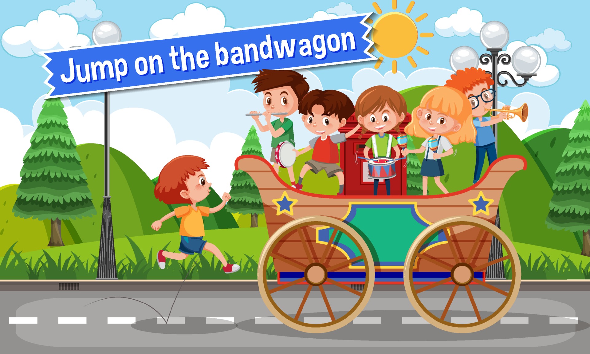 Idiom poster with Jump on the bandwagon 1929377 Vector Art at Vecteezy