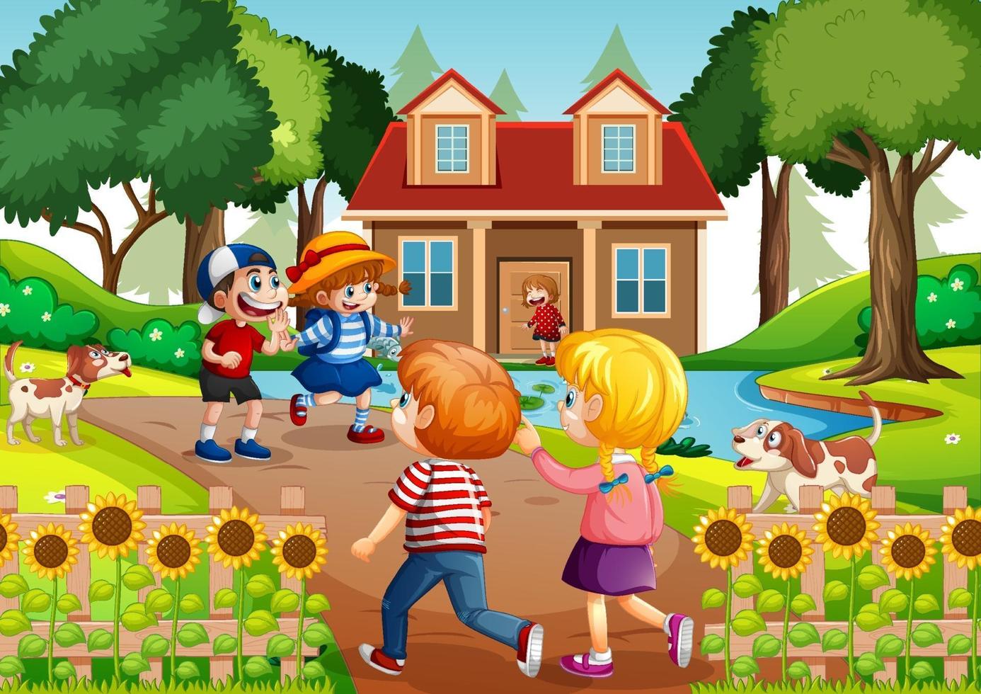 Outdoor scene with many children visiting their friends vector