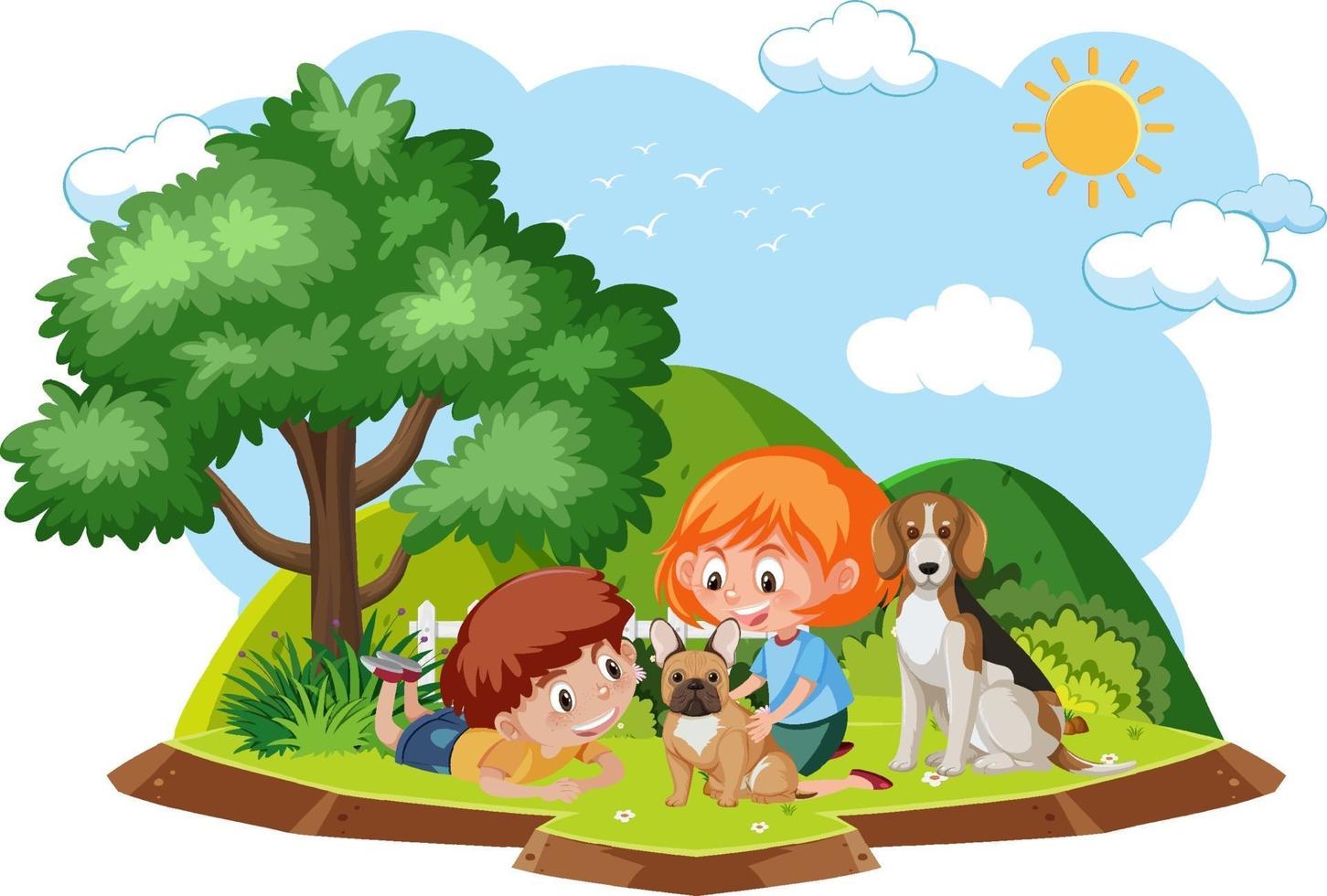 niños felices jugando con perros vector