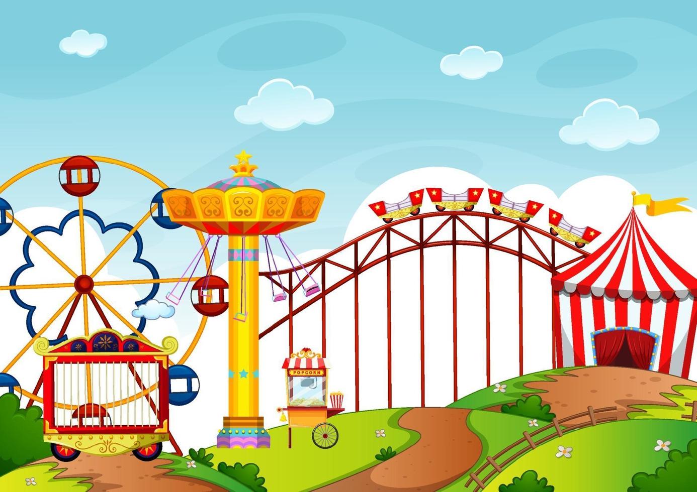Amusement park with many rides and shops vector