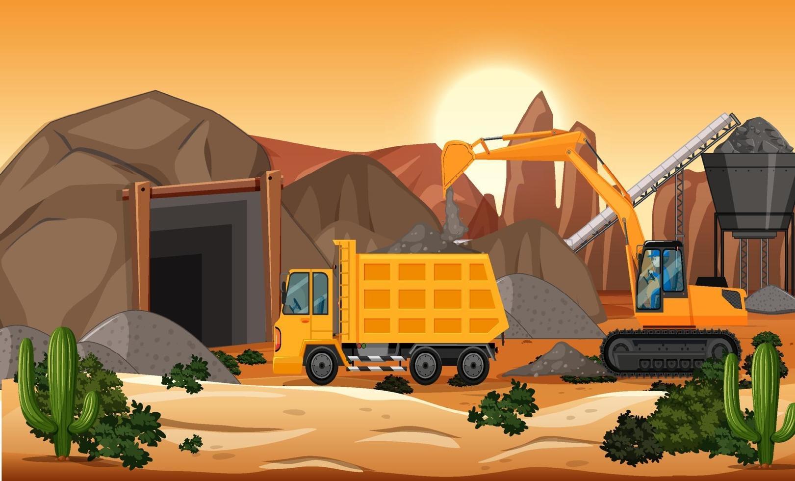 Landscape of coal mining scene at sunset time vector
