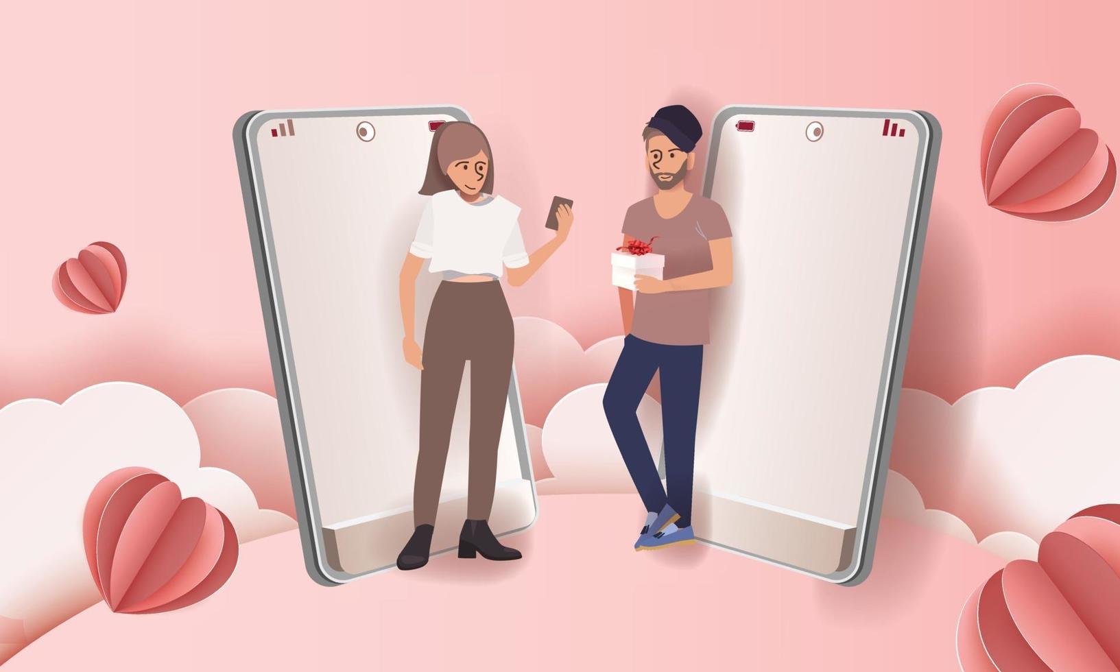 Couple in mobile phone sends gift pink background for Valentine's day festival. Vector illustration in paper art style.