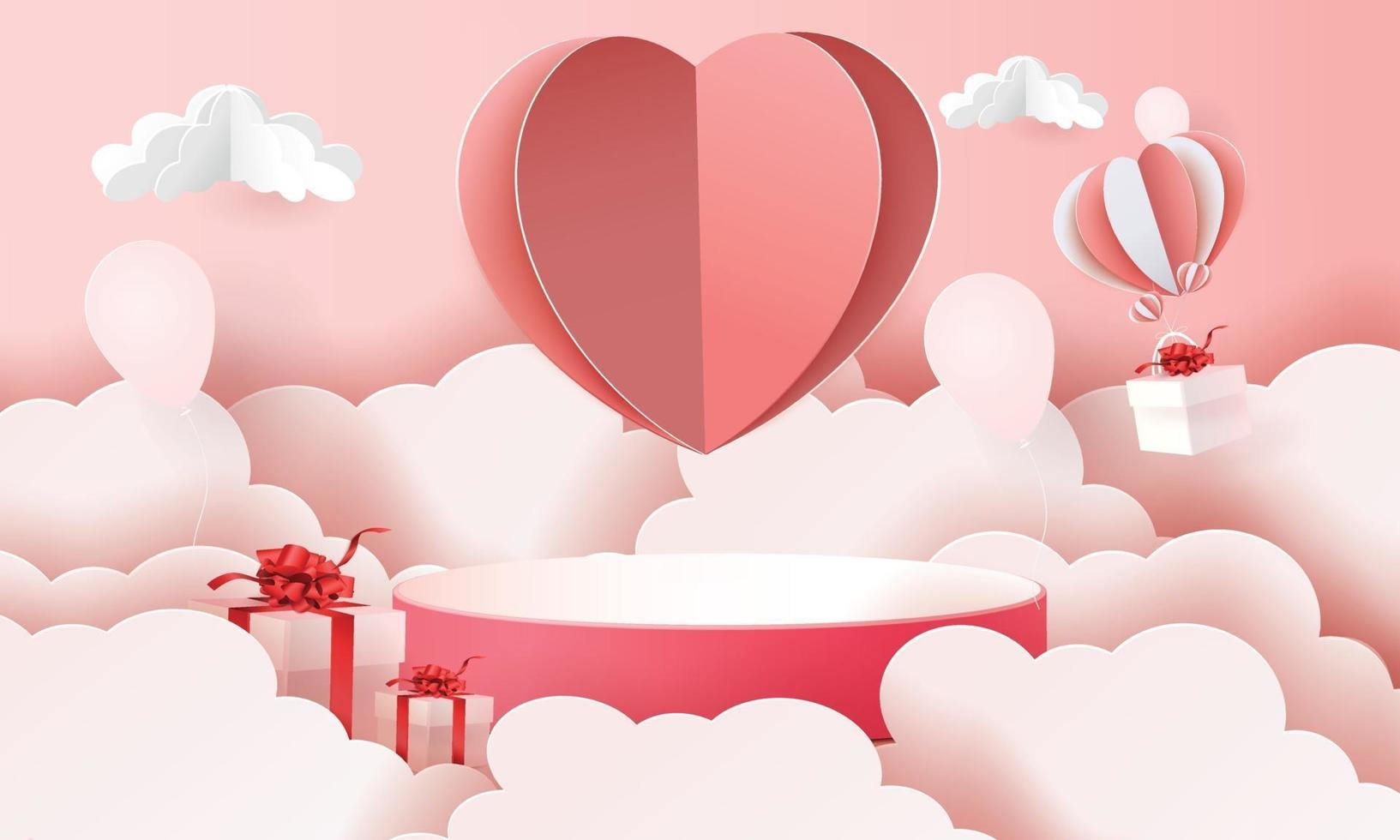 Podio de arte de papel 3d en nubes para san valentín con corazones y regalos vector