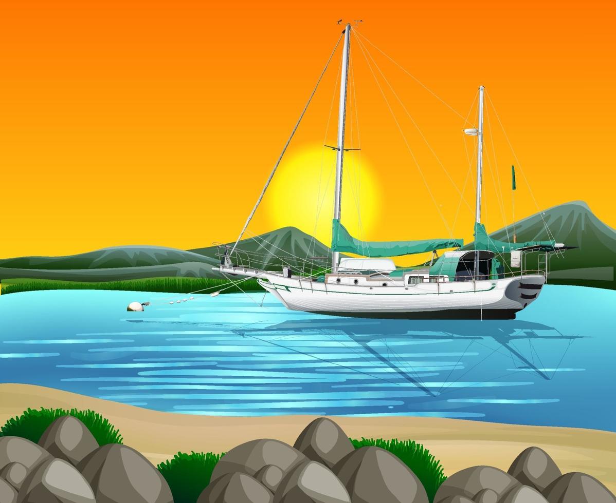 Beach at sunset time scene with ship in the sea vector