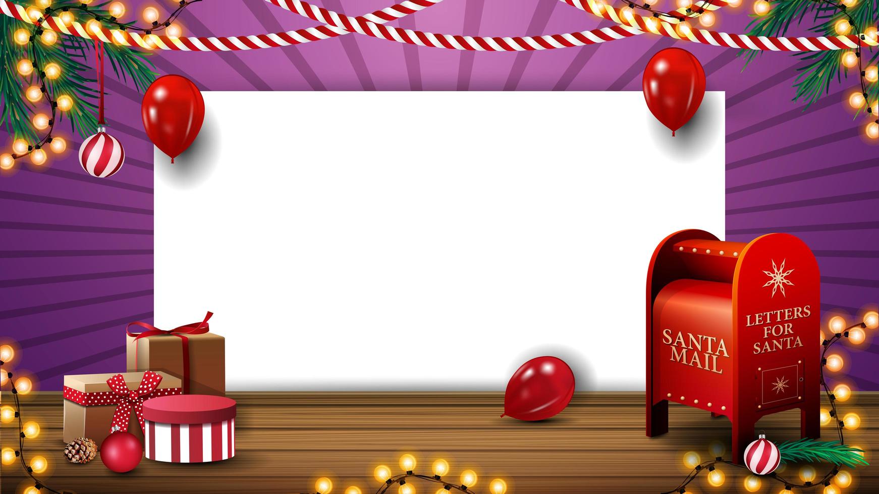 Christmas template for your creativity with white blank paper sheet, balloons, garlands, presents and Santa letterbox vector
