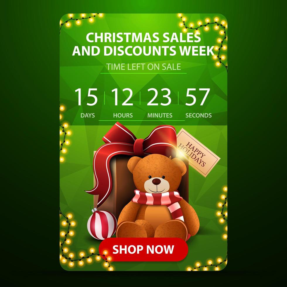 Ventas navideñas y semana de descuentos, banner vertical verde con temporizador de cuenta atrás, textura poligonal y regalo con osito de peluche vector