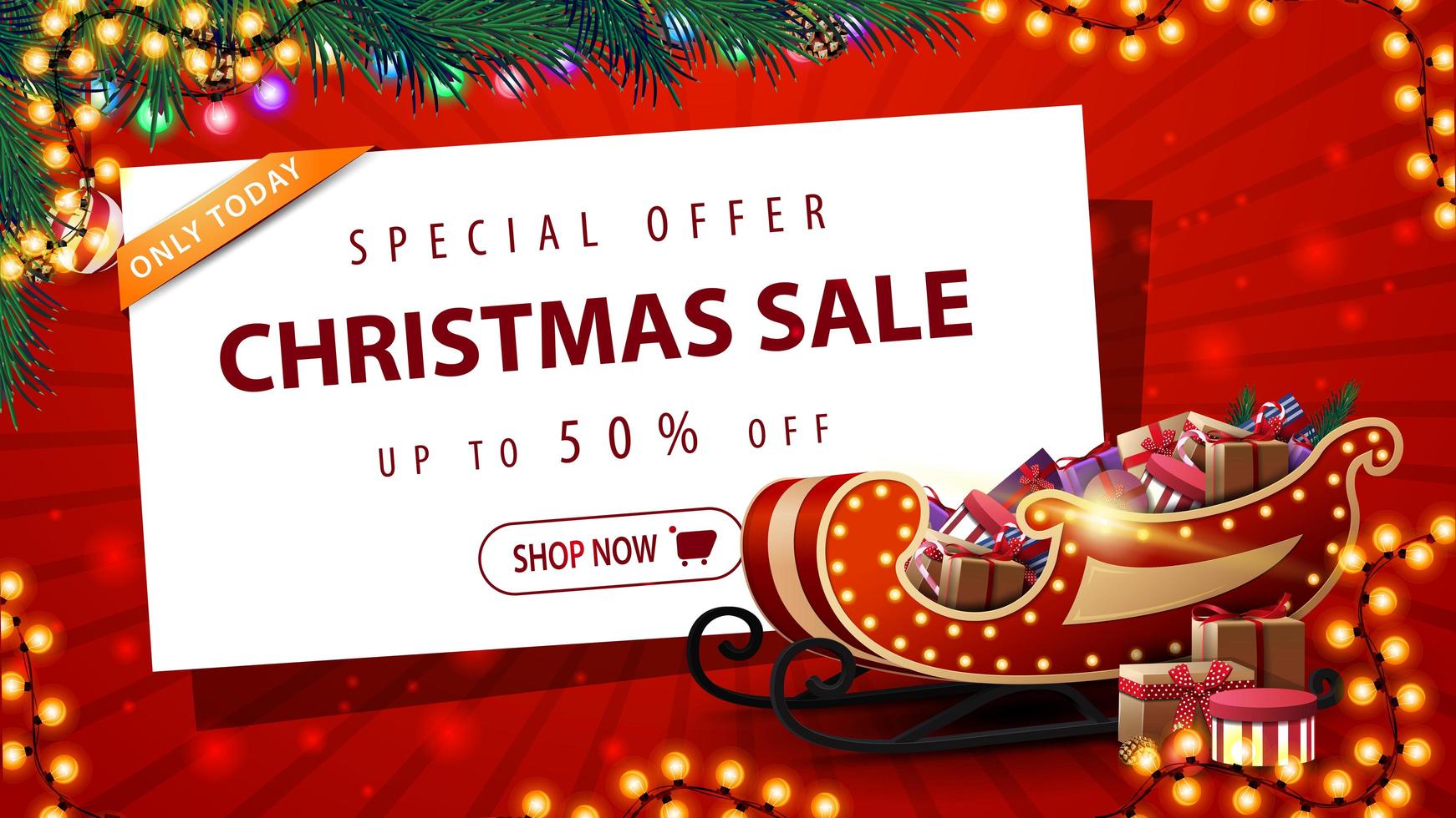 Special offer, Christmas sale, up to 50 off, beautiful red discount banner with garland, Christmas tree, white paper sheet with offer and Santa Sleigh with presents vector