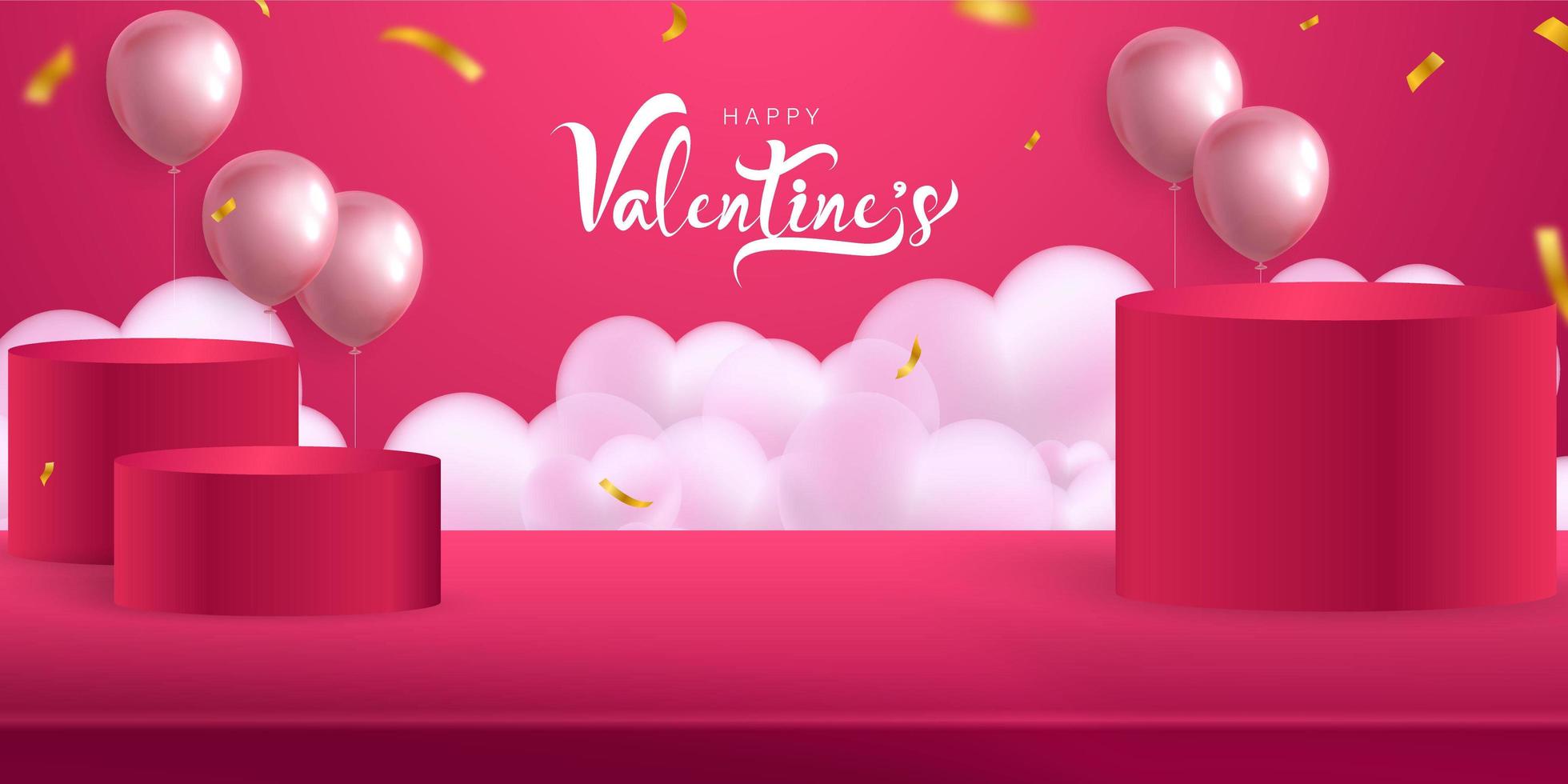 día de san valentín, plantilla de maqueta de banner con podios y globos vector