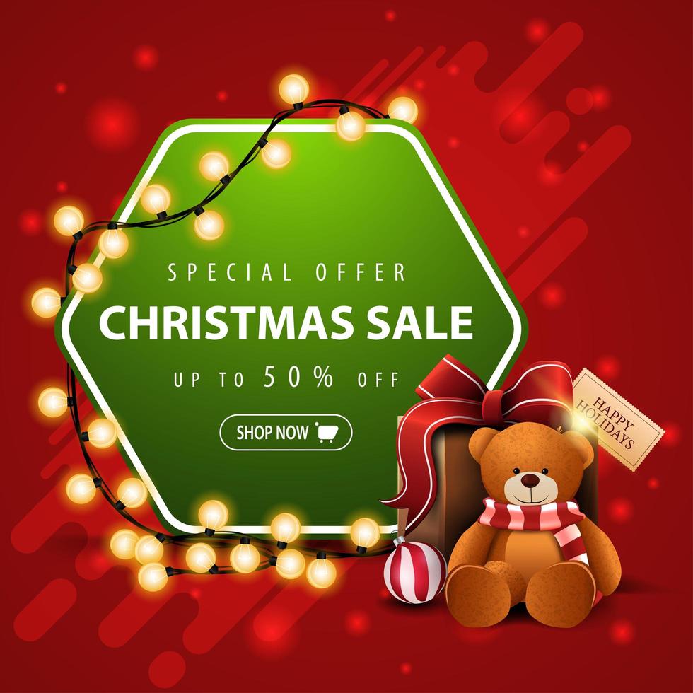 oferta especial, rebajas navideñas, hasta 50 de descuento, estandarte cuadrado rojo y verde con guirnalda, hexágono con oferta y regalo con osito de peluche vector