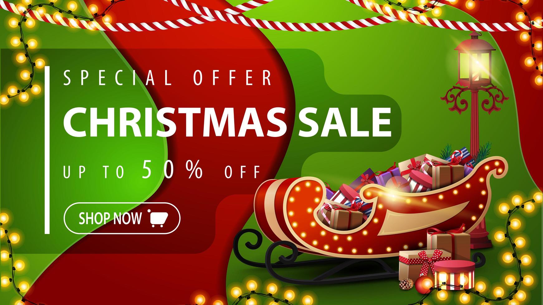 Special offer, Christmas sale, up to 50 off, red and green discount banner in material design style with garlands, pole lantern and Santa Sleigh with presents vector
