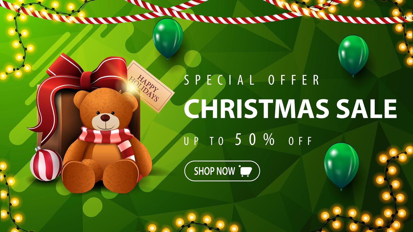 Special offer, Christmas sale, up to 50 off, beautiful green discount banner with polygonal texture, garlands, green balloons and present with Teddy bear vector