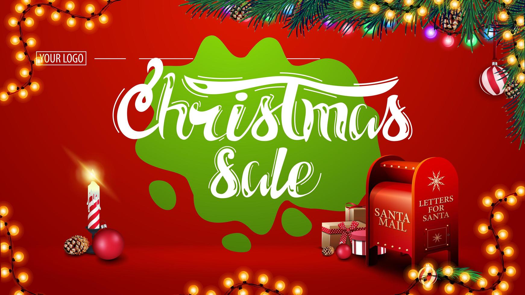 Christmas sale, modern red discount banner with beautiful lettering, garlands, green blot, Christmas tree branches, candle and Santa letterbox with presents vector
