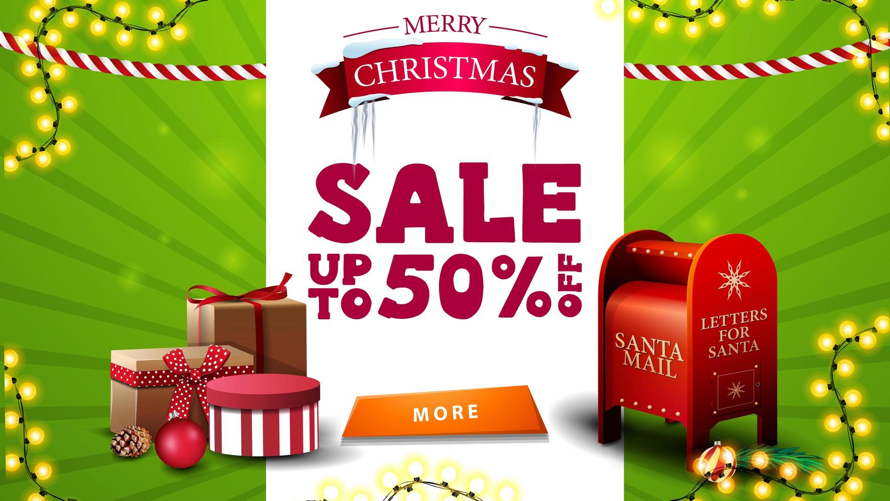 Christmas sale, up to 50 off, green and white discount banner with greeting symbol, garlands, button, Santa letterbox and presents vector