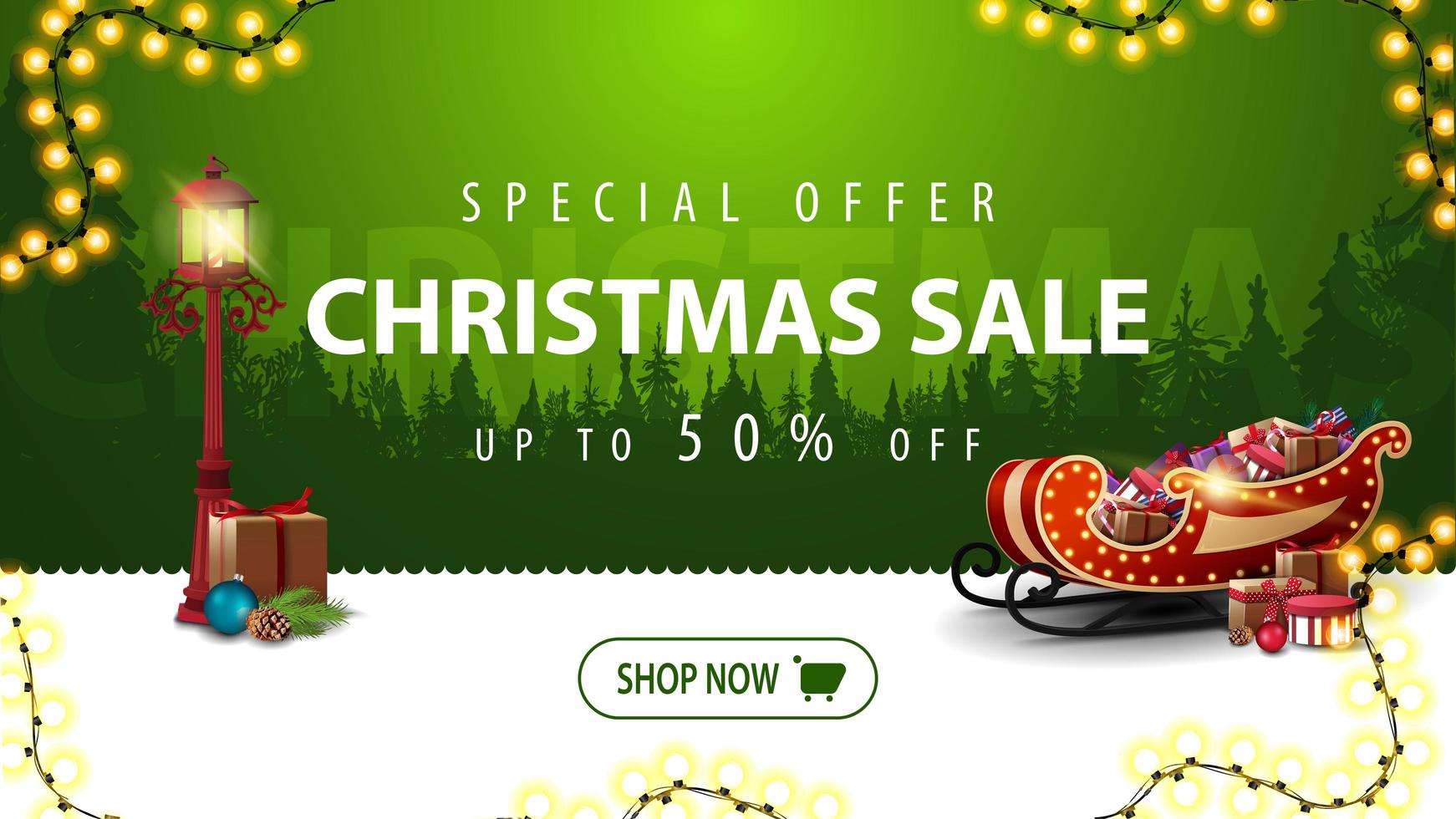 Special offer, Christmas sale, up to 50 off, green modern banner for website with garland, button, vintage pole lantern and Santa Sleigh with presents vector