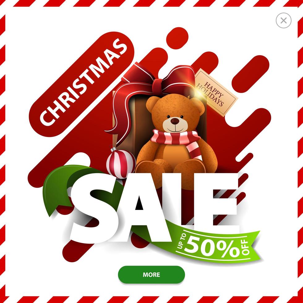 Christmas sale, up to 50 off, red and green discount pop up with abstract liquid shapes large volumetric letters, ribbon, button and present with Teddy bear vector