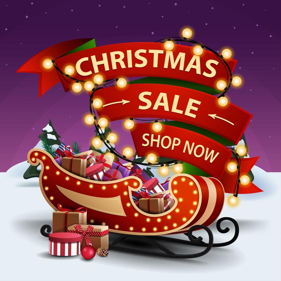 Christmas sale, shop now, discount banner with red ribbon wrapped in garland and Santa Sleigh with presents vector