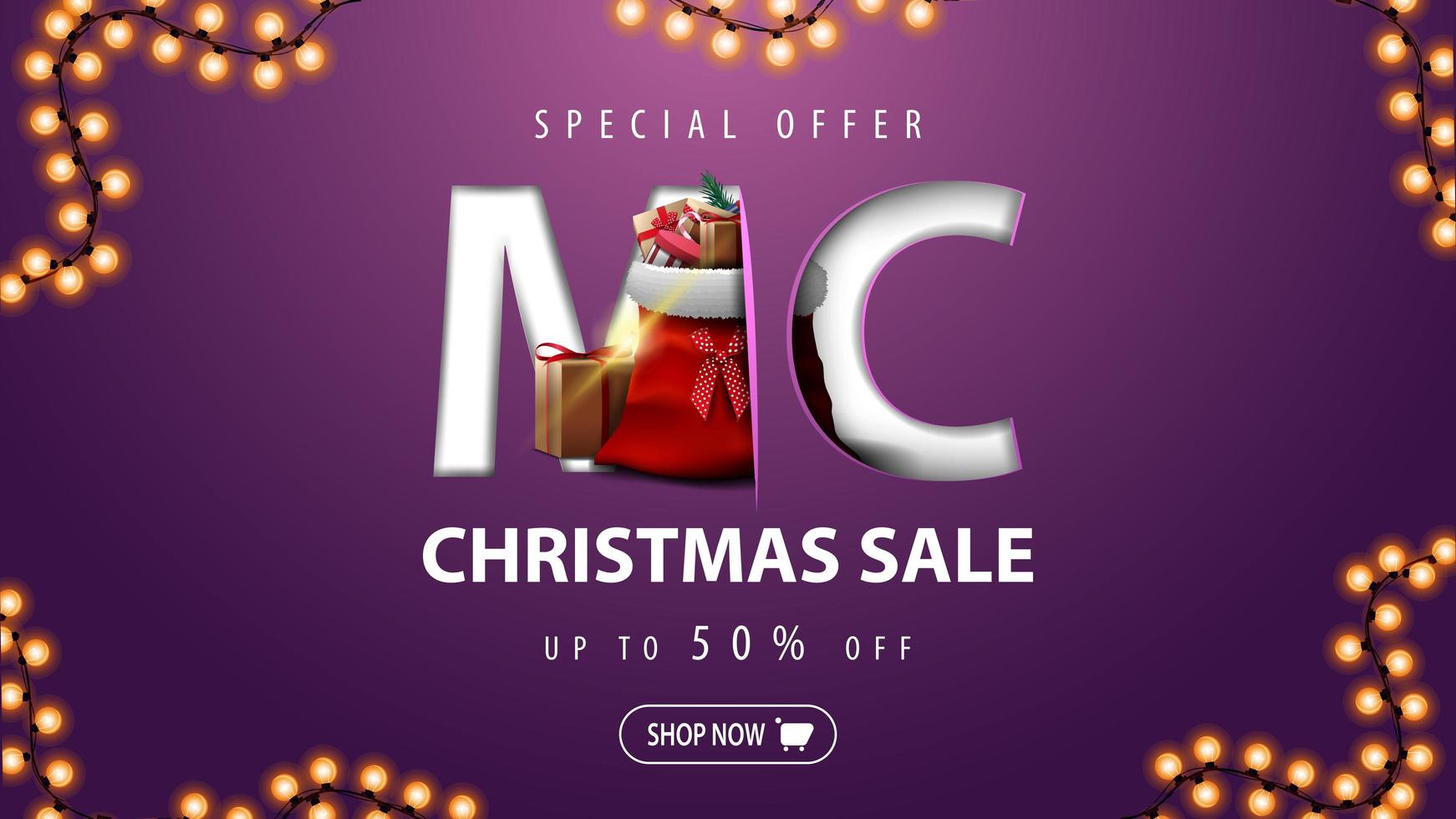 Christmas sale, up to 50 off, beautiful discount banner in minimalism style with garland and Santa Claus bag with presents vector