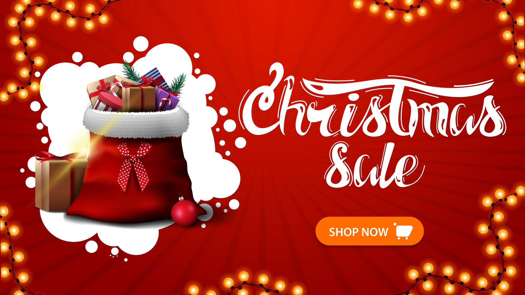 Christmas sale, red discount banner with abstract white cloud, garland, button and Santa Claus bag with presents vector