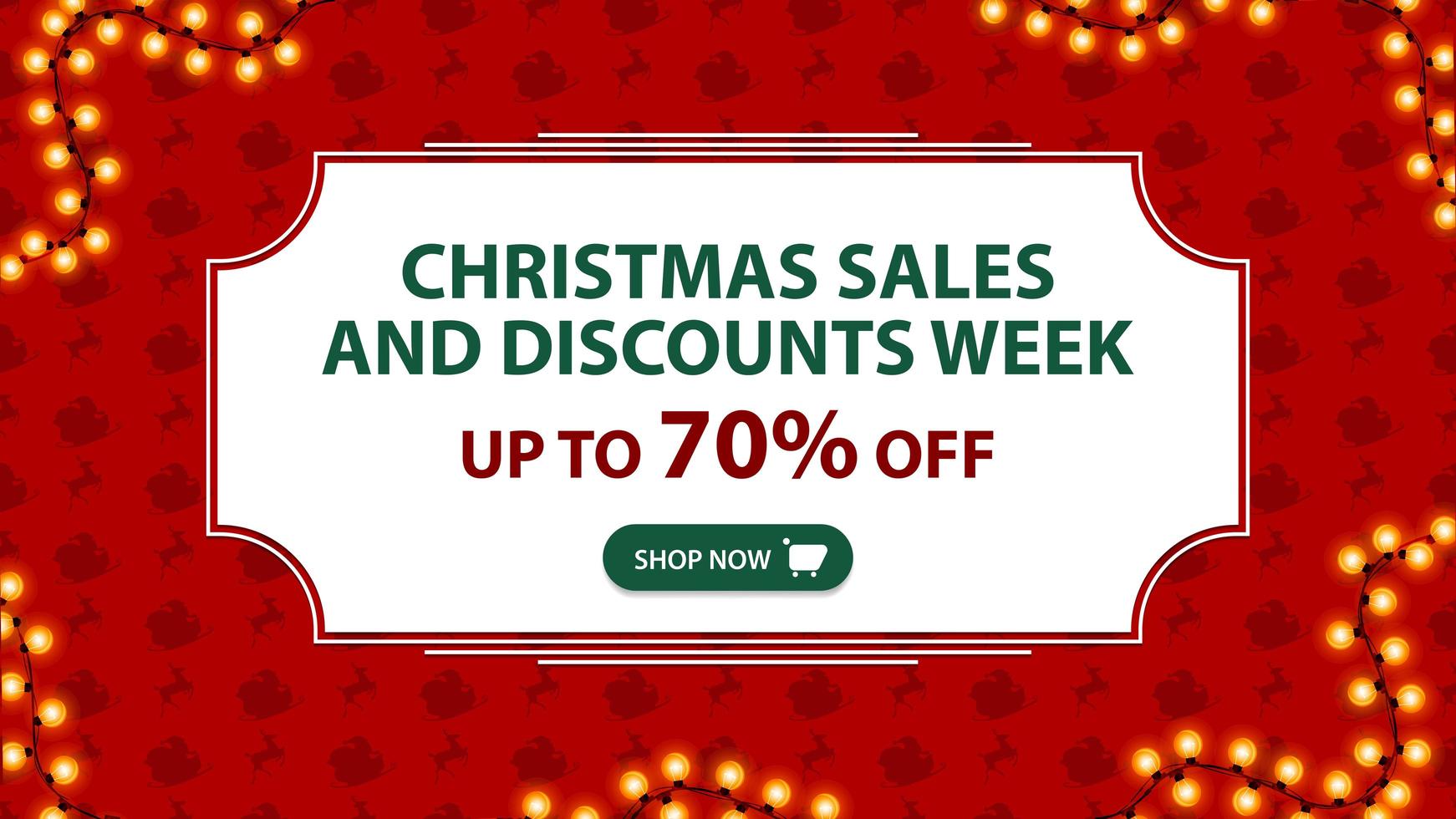 Christmas sales and discount week, up to 70 off, red banner with white vintage frame and pattern with Santa Claus sleigh and reindeer vector