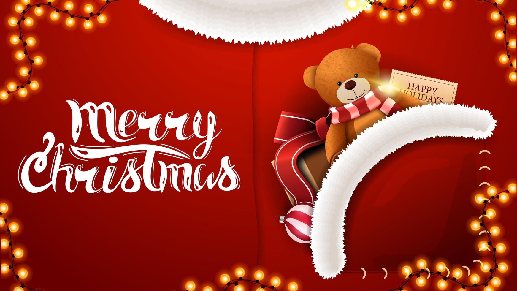 Merry Christmas, red postcard in form of Santa Claus costume with present with Teddy bear in pocket vector