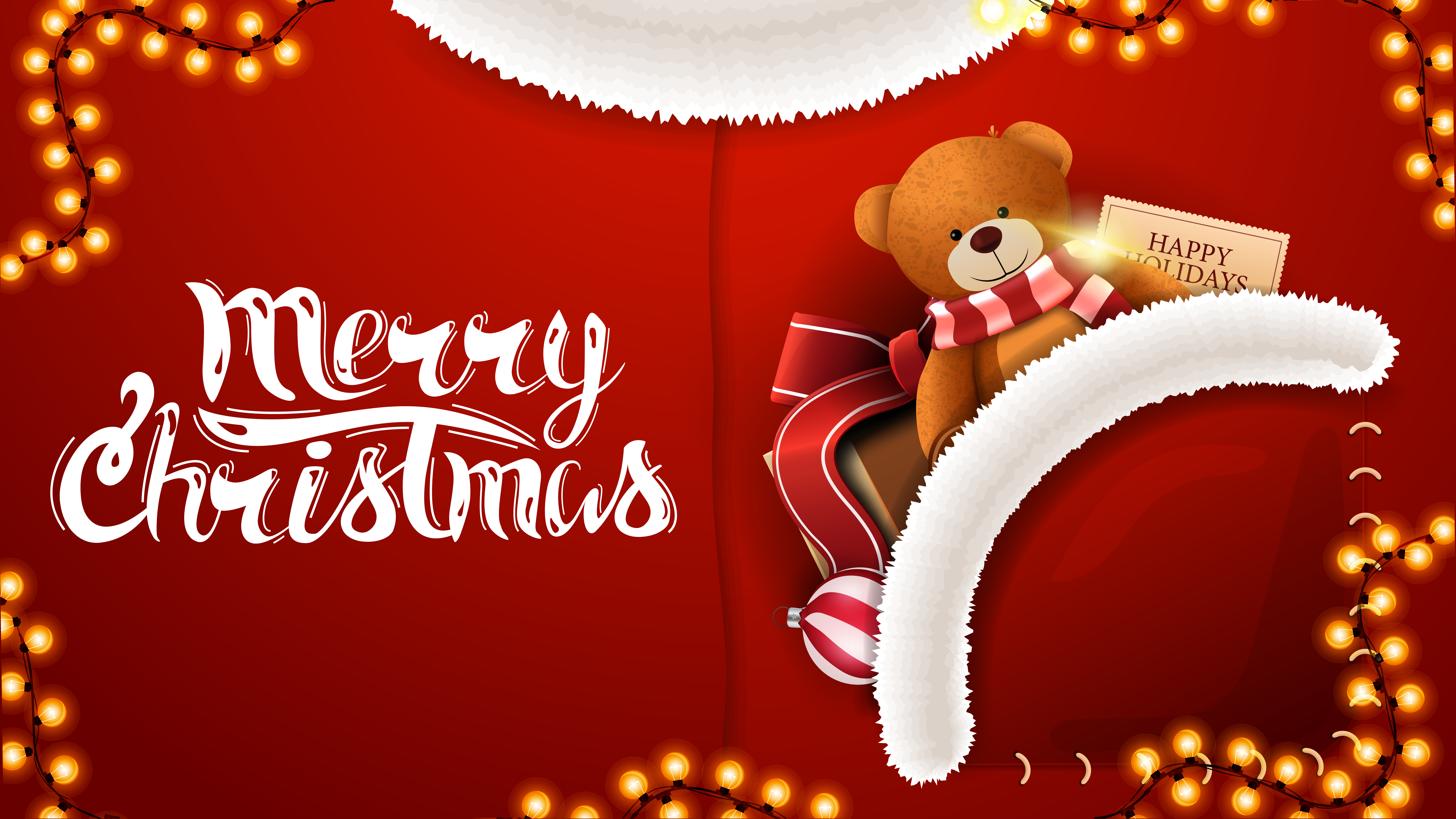 Merry Christmas Red Postcard In Form Of Santa Claus Costume With Present With Teddy Bear In Pocket Vector Art At Vecteezy Merry Christmas Red Postcard In Form Of Santa Claus Costume With Present With Teddy Bear In Pocket Vector Art At Vecteezy