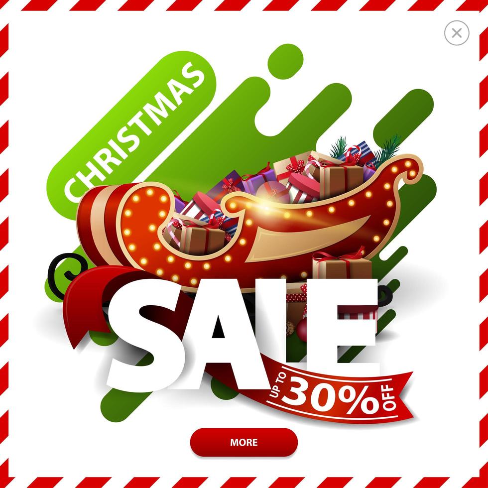 Christmas sale, up to 30 off, red and green discount pop up with abstract liquid shapes large volumetric letters, ribbon, button and present with Teddy bear vector