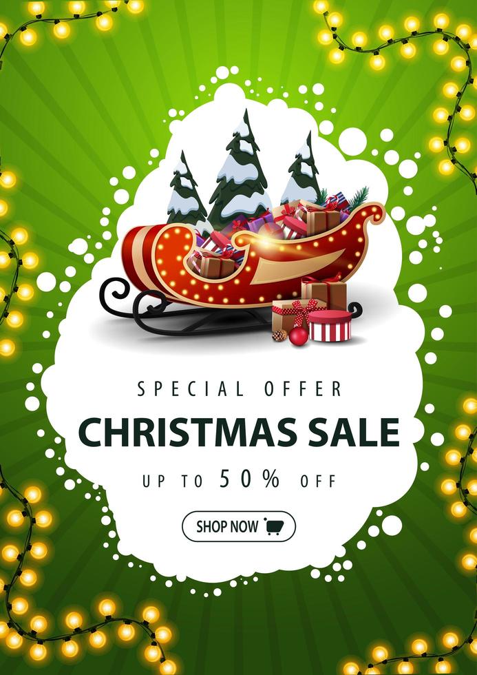 Special offer, Christmas sale, up to 50 off, vertical green discount banner with abstract white cloud, garland, button, Santa Sleigh with presents and snowy pines vector