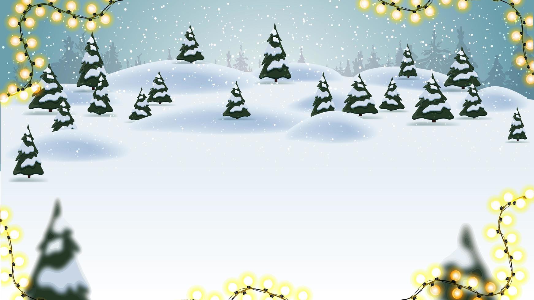 Christmas background, cartoon landscape, forest with snowdrifts and small pines. vector