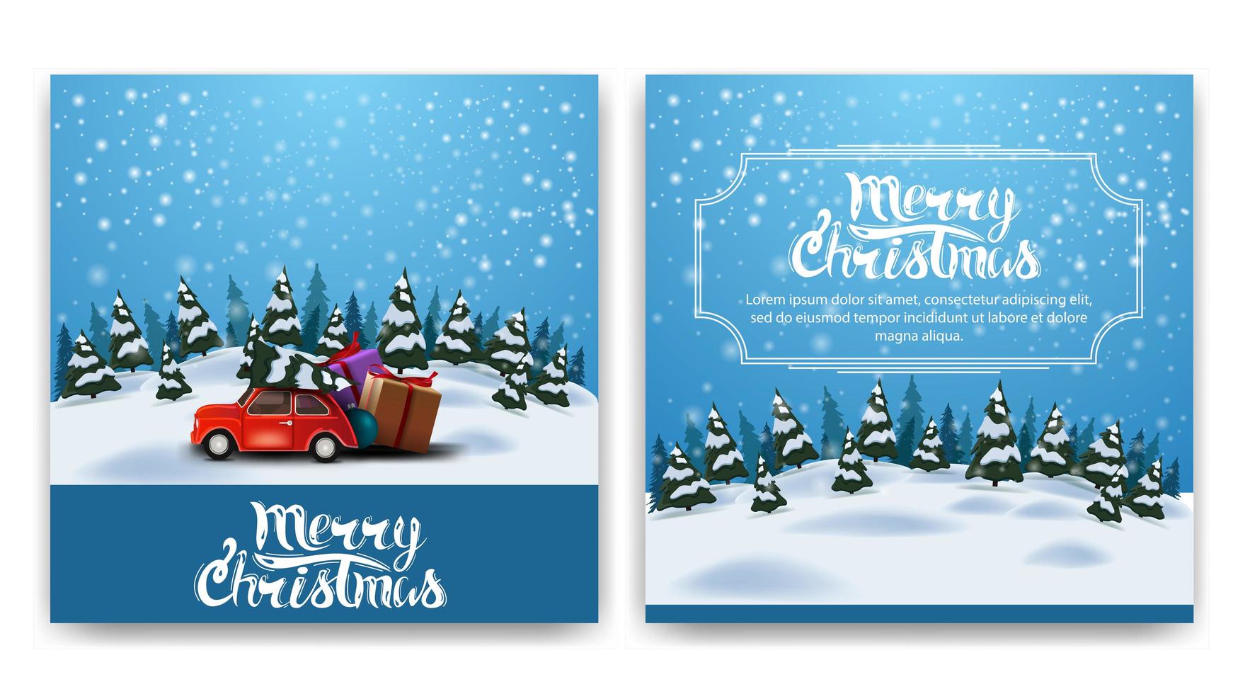 Postal navideña cuadrada de dos caras con paisaje invernal de dibujos animados, gran luna amarilla y auto antiguo rojo con árbol de navidad vector