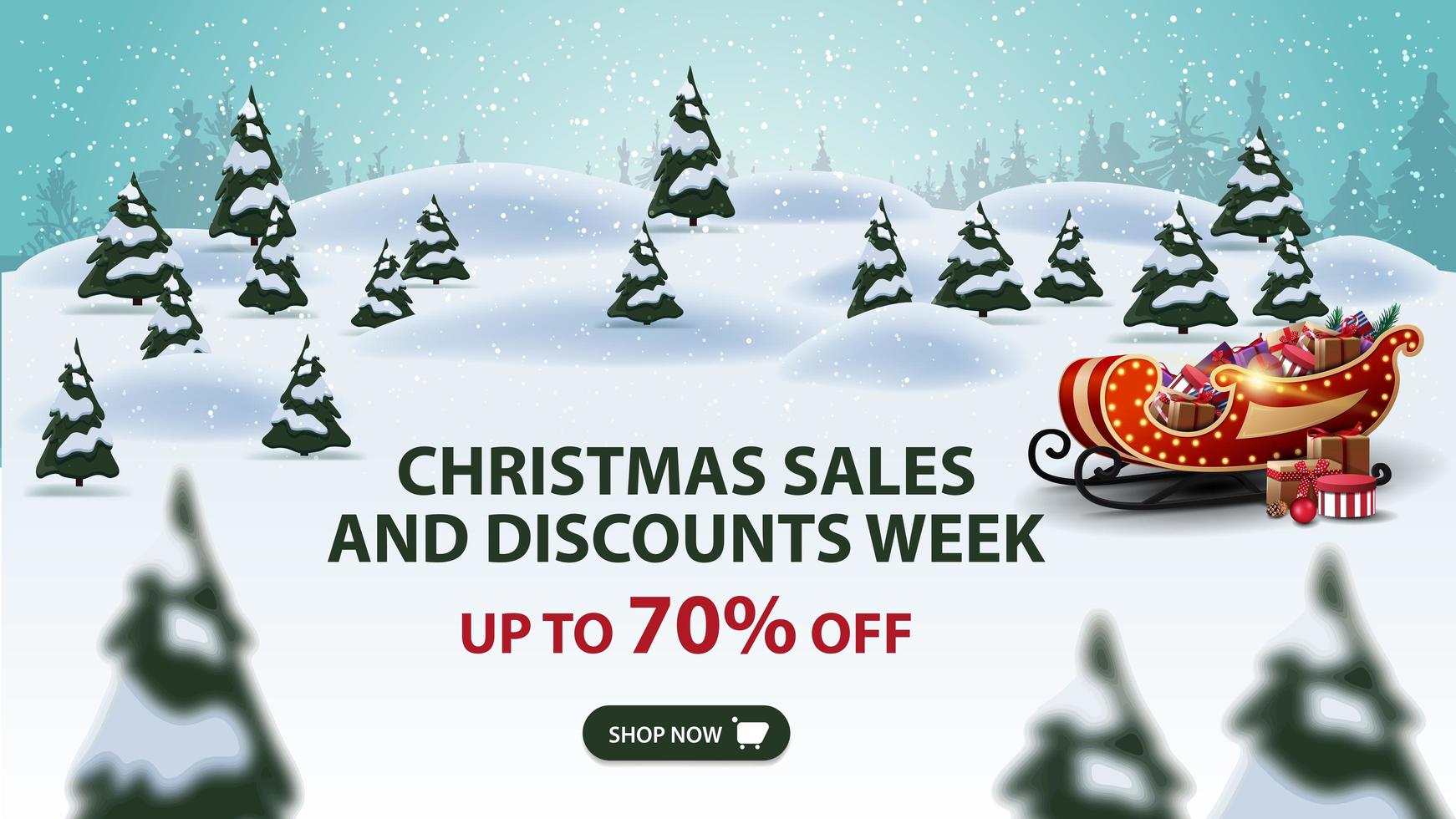 Christmas sales and discount week, up to 70 off, modern discount banner with pines, drifts, snowfall and Santa Sleigh with presents vector