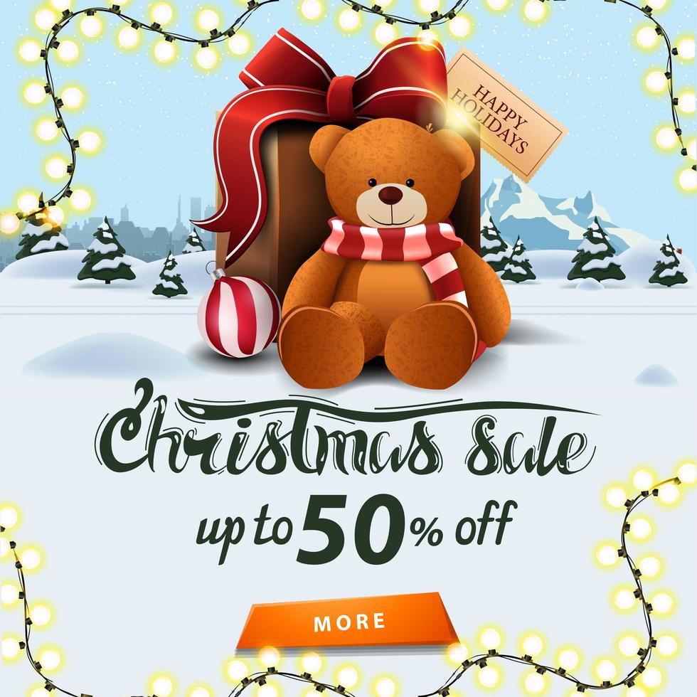 Christmas sale, up to 50 off, square banner with winter landscape, pines, drifts, mountain, city on horizont and big present with Teddy bear vector
