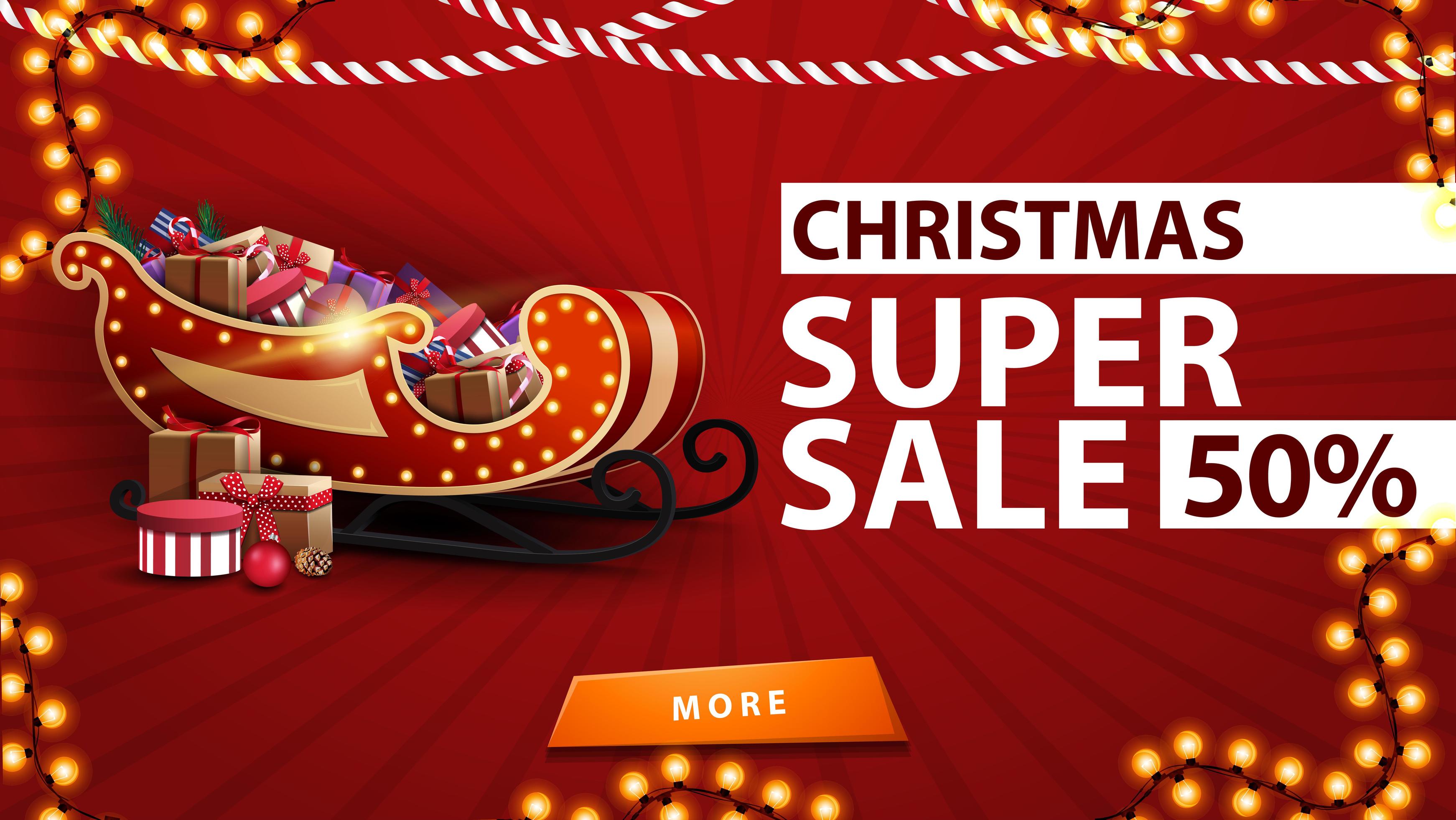 Christmas super sale, up to 50 off, red discount banner with garlands, button and Santa Sleigh ...