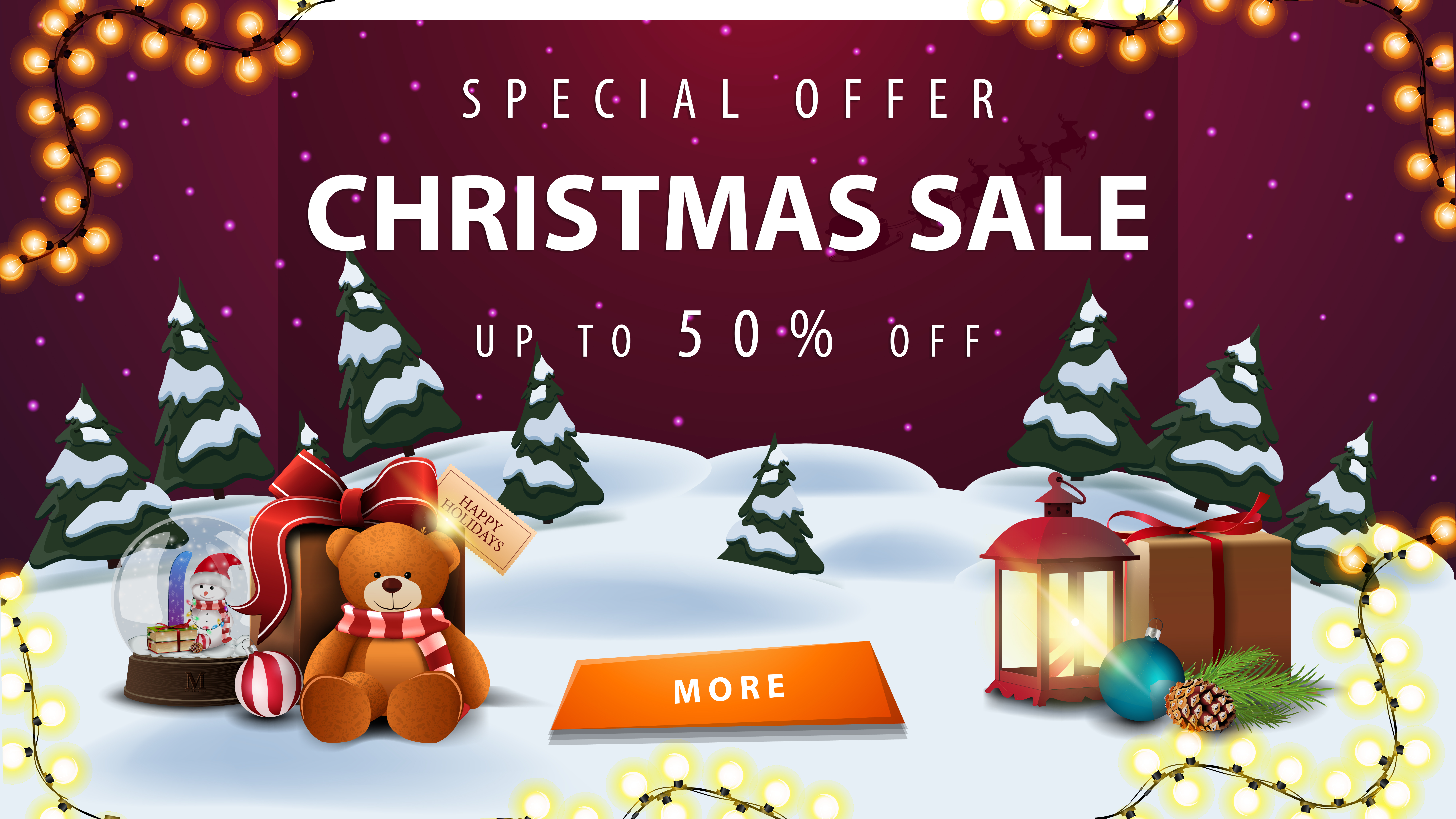 Badkamer voldoende Ambacht Special offer, Christmas sale, up to 50 off, discount banner with winter  landscape, purple starry sky, garland, button, antique lamp, snow globe and  present with Teddy bear 1929613 Vector Art at Vecteezy