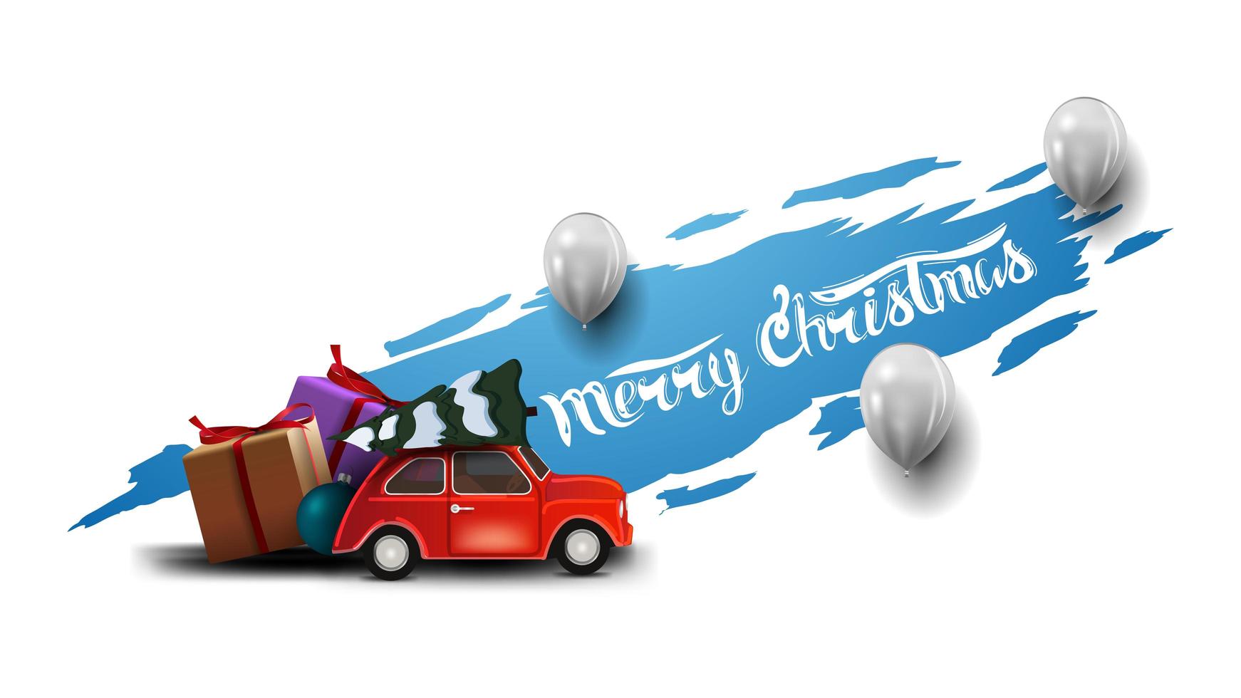 Merry Christmas, modern postcard with white balloons and red vintage car carrying Christmas tree. Blue torn banner isolated on white background. vector