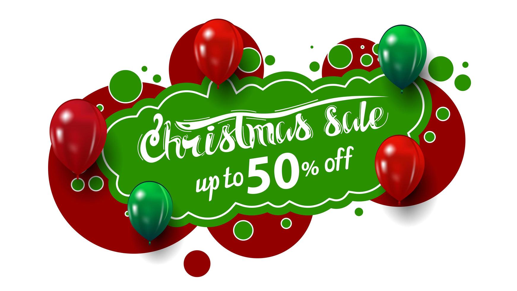 Christmas sale, up to 50 off, creative banner in graffiti style with red and green balloons vector
