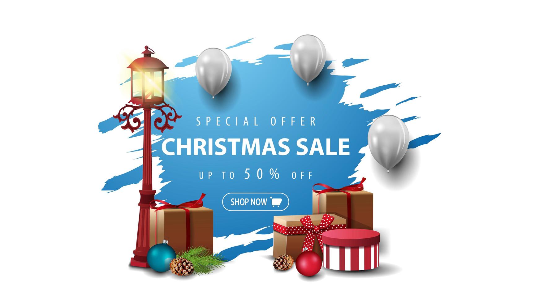 Special offer, Christmas sale, up to 50 off, banner with white balloons and pole lantern with presents. Blue torn banner isolated on white background. vector