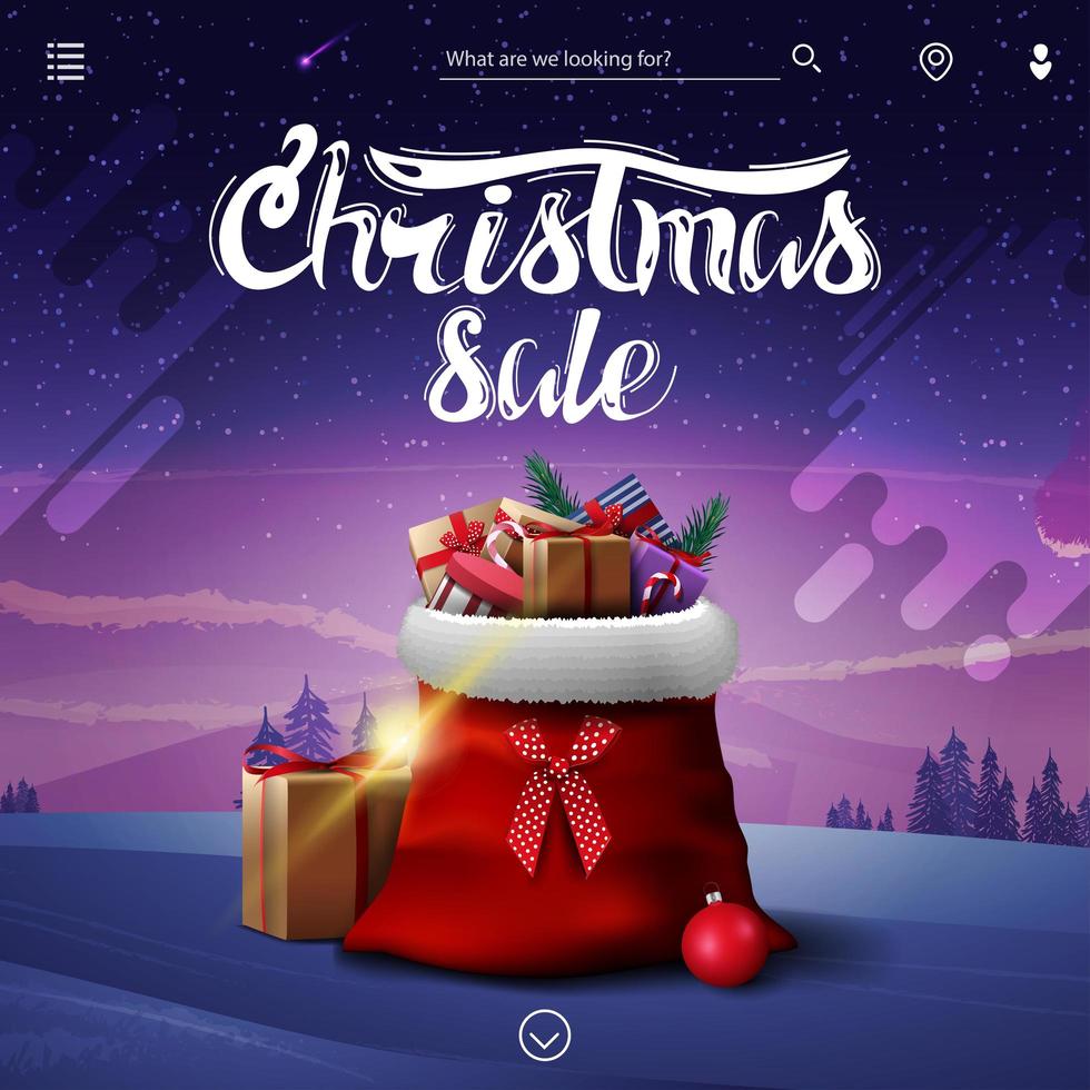 Venta de Navidad, banner de descuento cuadrado con bolsa de santa claus con regalos y paisaje invernal en el fondo vector