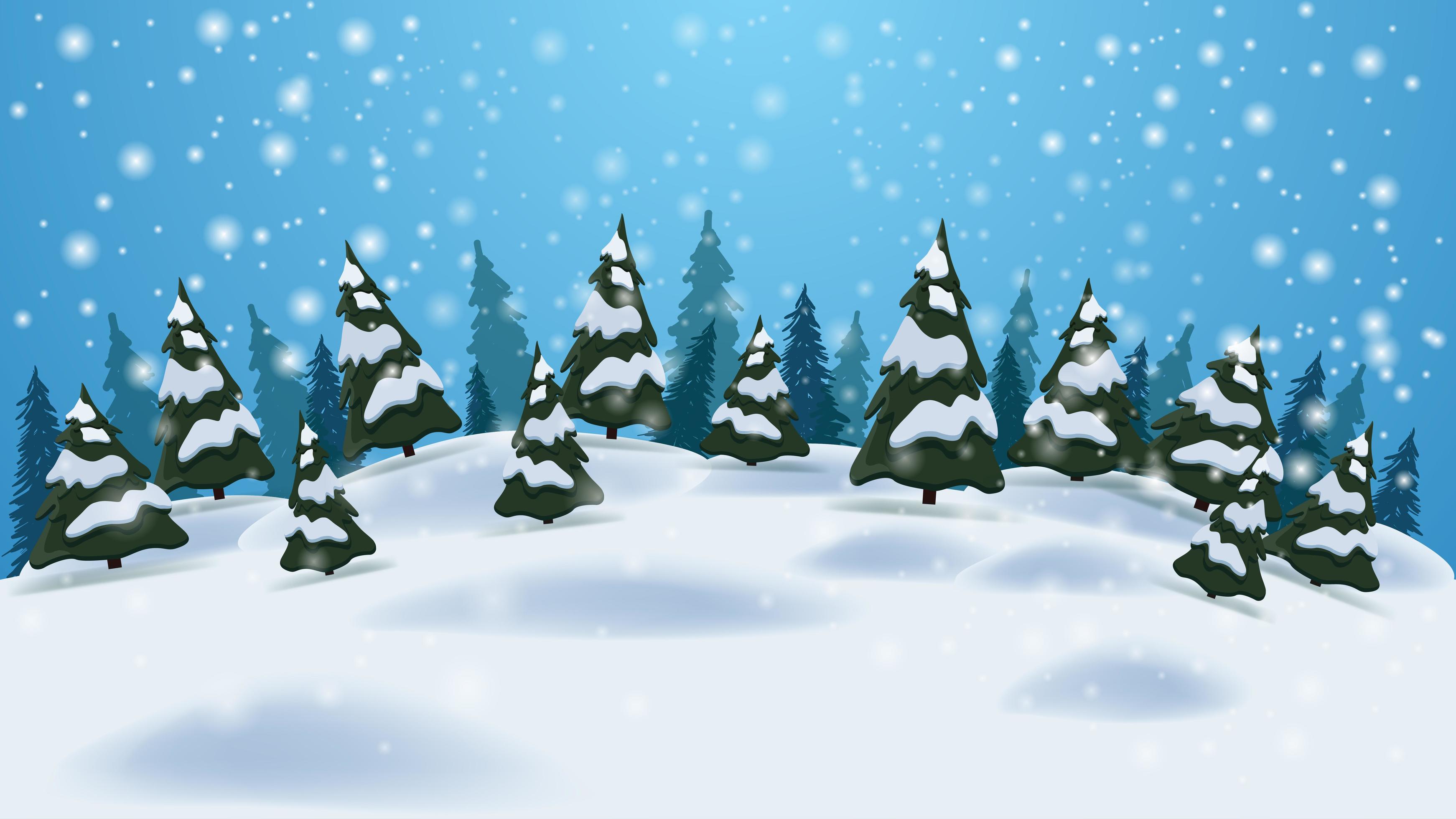Winter cartoon landscape with blue sky, pines, drifts and snowfall