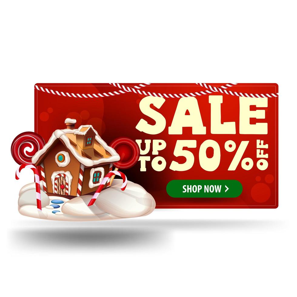 Christmas red discount 3D banner with up to 50 off and Christmas gingerbread house vector