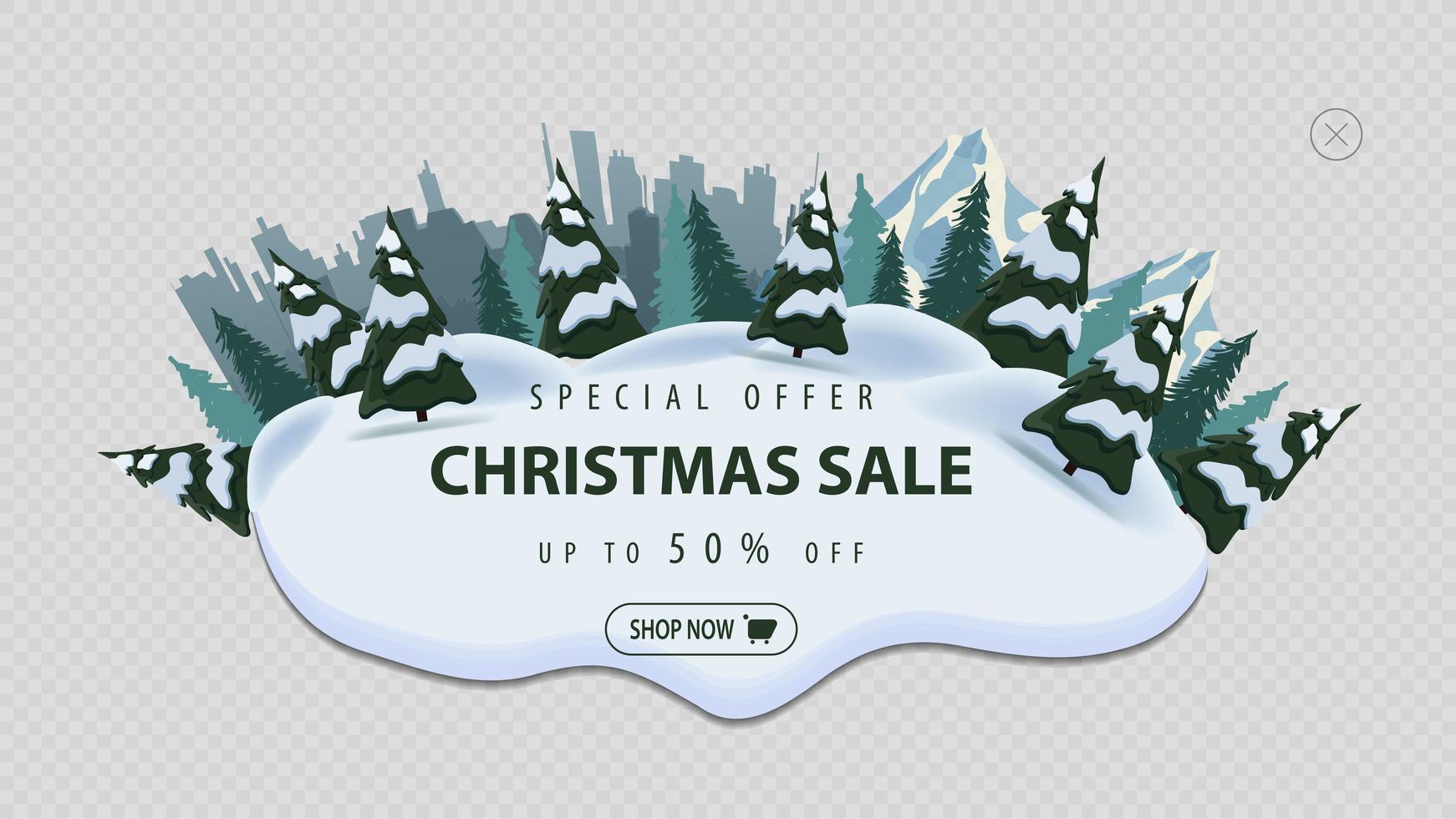 Special offer, Christmas sale, up to 50 off, modern discount banner with pines, drifts, mountain and city on horizont vector