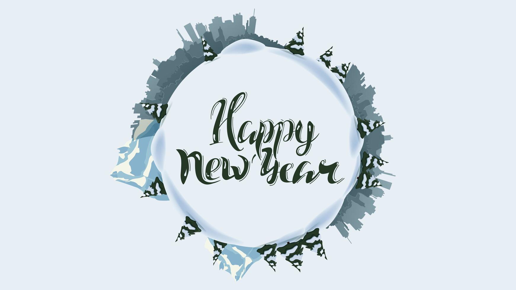 Happy New Year, round greeting card with silhouette of the planet, pines, drifts, mountain and city, vector
