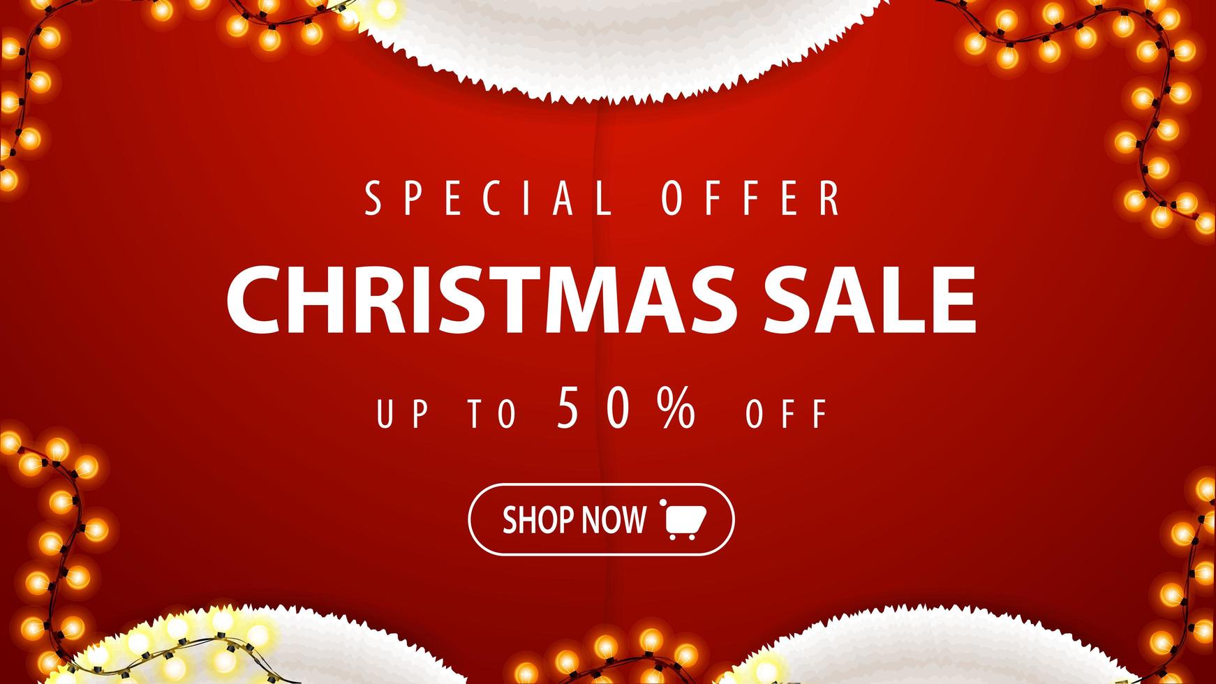 Special offer, Christmas sale, up to 50 off, red discount banner in form of Santa Claus costume with garland vector