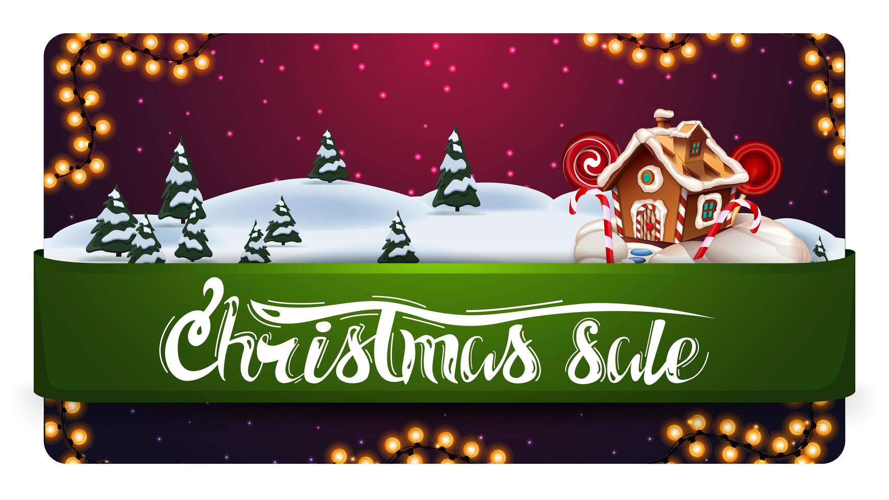 Christmas sale, discount banner with beautiful winter landscape, green horizontal ribbon with offer and Christmas gingerbread house vector