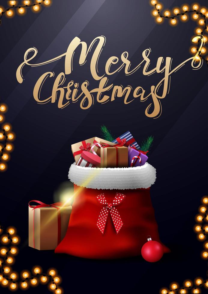 Merry Christmas, vertical blue postcard with gold lettering and Santa Claus bag with presents vector