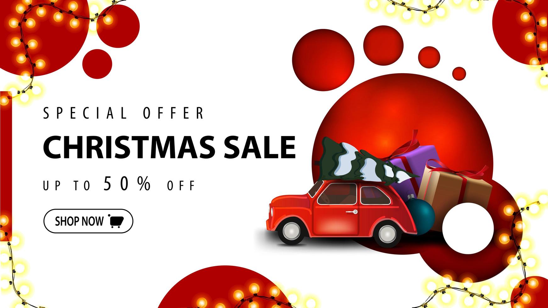 Modern discount banner, special offer, Christmas sale, up to 50 off. Discount banner with modern design with red circles and red vintage car carrying Christmas tree vector